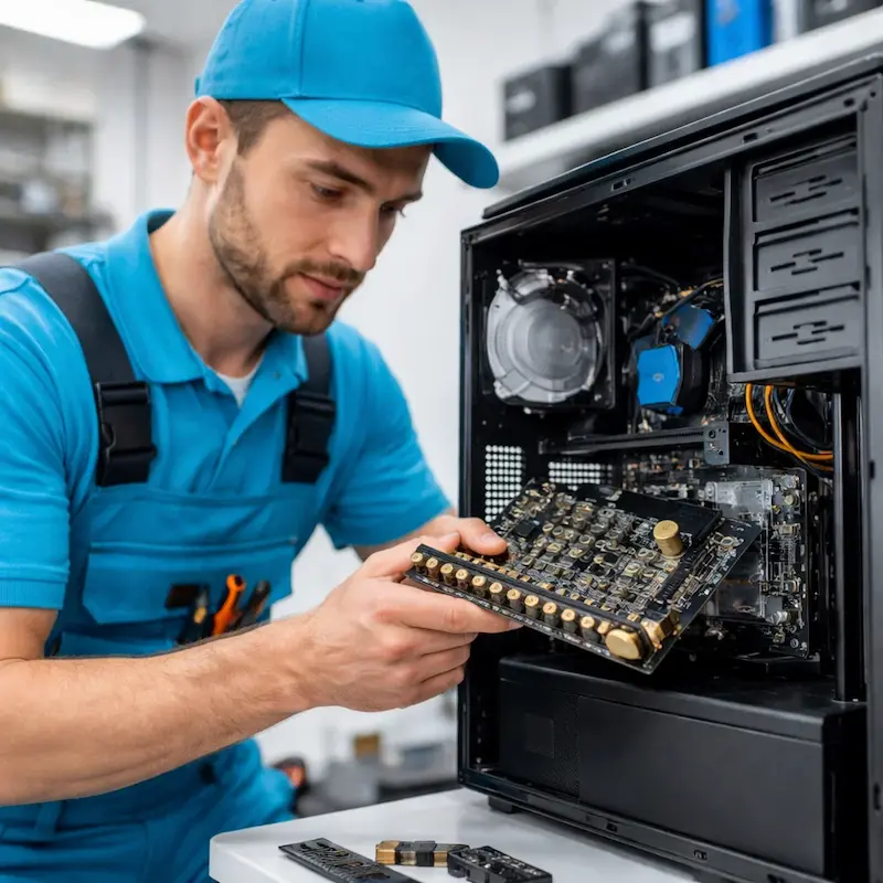 Мастер устанавливает звуковую карту на ПК в Ломоносове